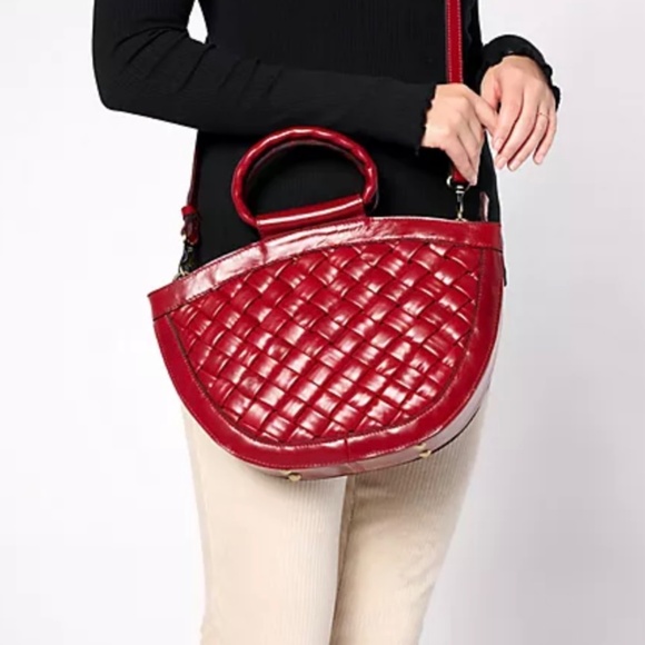 Patricia Nash Woven Leather Oliena Top Handle Satchel Crossbody Cognac SZ Large - Picture 15 of 16